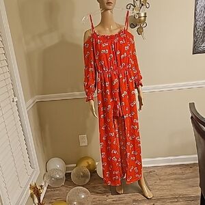 Chic Red Floral Long Sleeve Dress